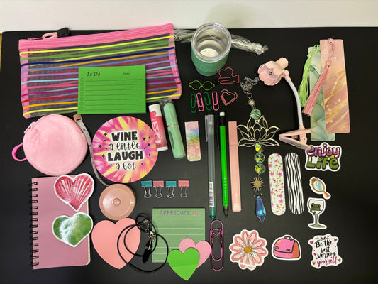 Pink and Green Gift Set of Stationary and Personal Care Items Includes Notepads Pens and Decorative Accessories