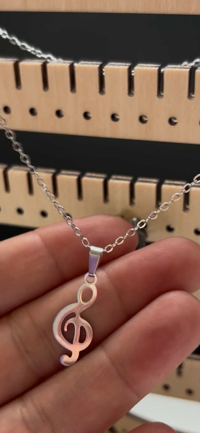 Stainless Steel Treble Clef Pendant with Matching Stud Earrings 17 Inch Chain and Butterfly Back Studs Musical Jewelry Set