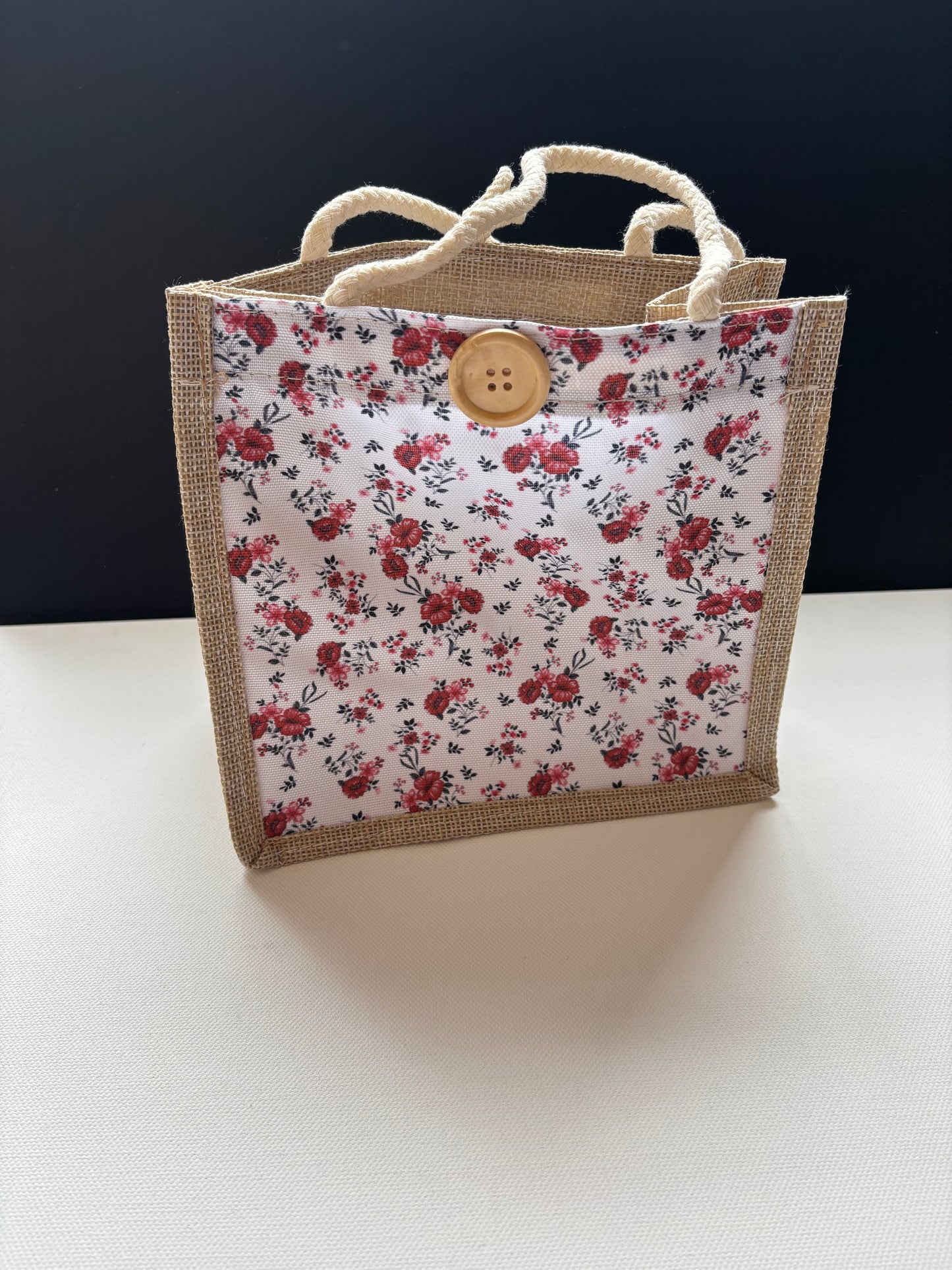 Mini Tote Handbag Lightweight Rope Handle Cute Button Fastening Floral & Heart Designs for Everyday Use