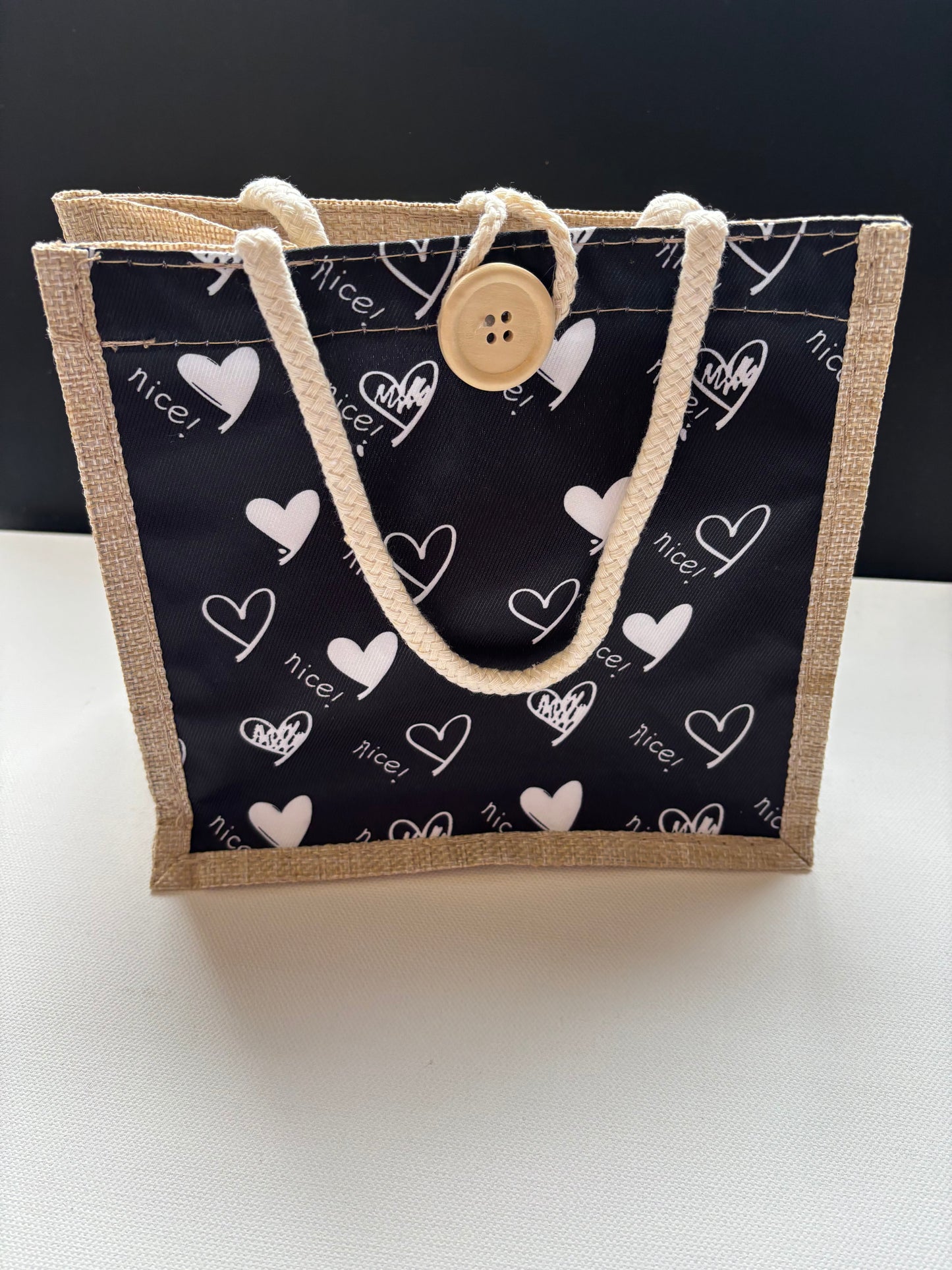 Mini Tote Handbag Lightweight Rope Handle Cute Button Fastening Floral & Heart Designs for Everyday Use