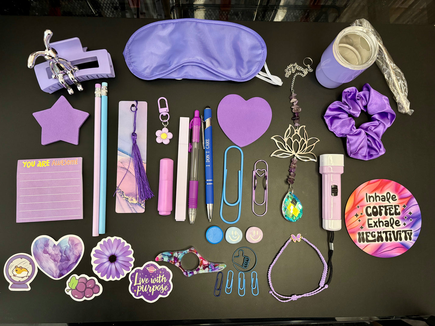 Purple and Blue Stationery Bundle - Includes Pens Clips Bookmarks Stickers Hair Clip & More Self Care Products