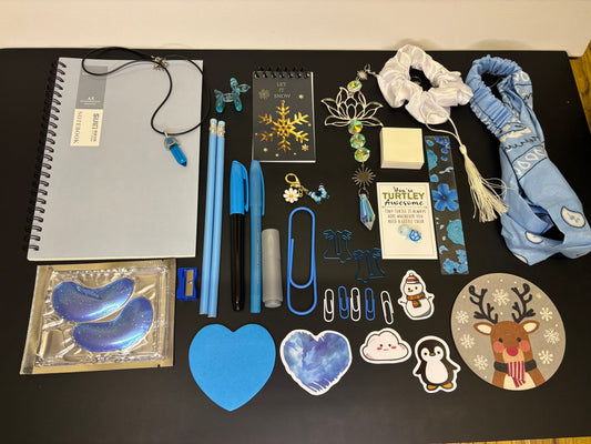 Blue and White Winter Themed Gift Set Includes Notebook Sticky Notes Bookmark Clips and More Perfect for Festive Gifting