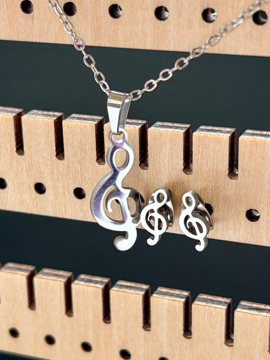Stainless Steel Treble Clef Pendant with Matching Stud Earrings 17 Inch Chain and Butterfly Back Studs Musical Jewelry Set