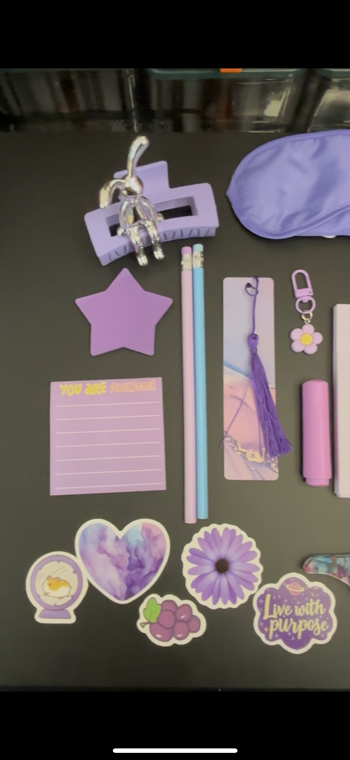Purple and Blue Stationery Bundle - Includes Pens Clips Bookmarks Stickers Hair Clip & More Self Care Products