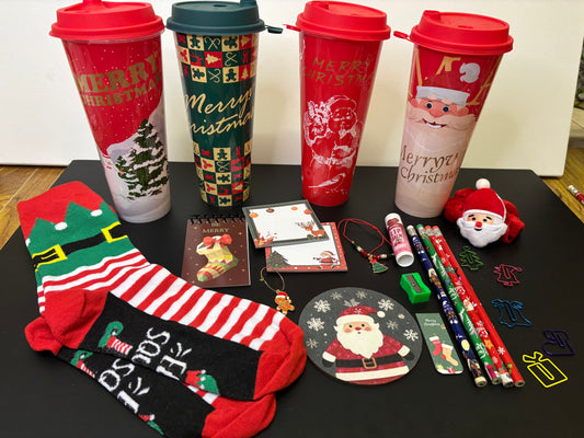 Christmas Gift Set of Stationery Socks Cup and Coaster Featuring Festive Designs and Practical Accessories