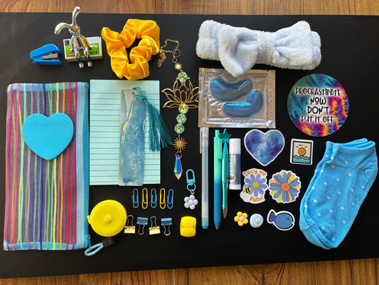 Blue and Yellow Stationery Bundle - Includes Pens Clips Bookmarks Stickers Hair Clip & More Self Care Products