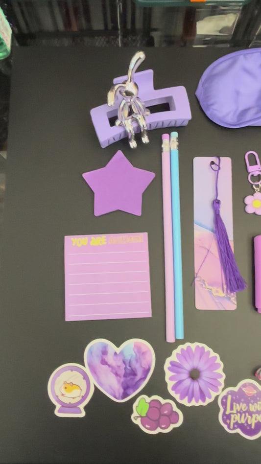 Purple and Blue Stationery Bundle - Includes Pens Clips Bookmarks Stickers Hair Clip & More Self Care Products