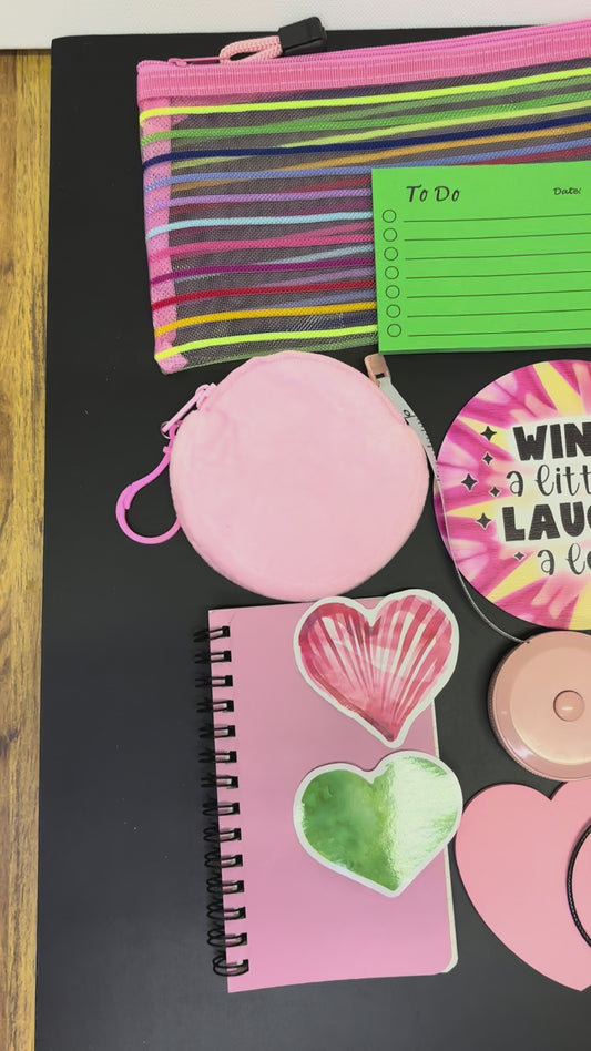 Pink and Green Gift Set of Stationary and Personal Care Items Includes Notepads Pens and Decorative Accessories